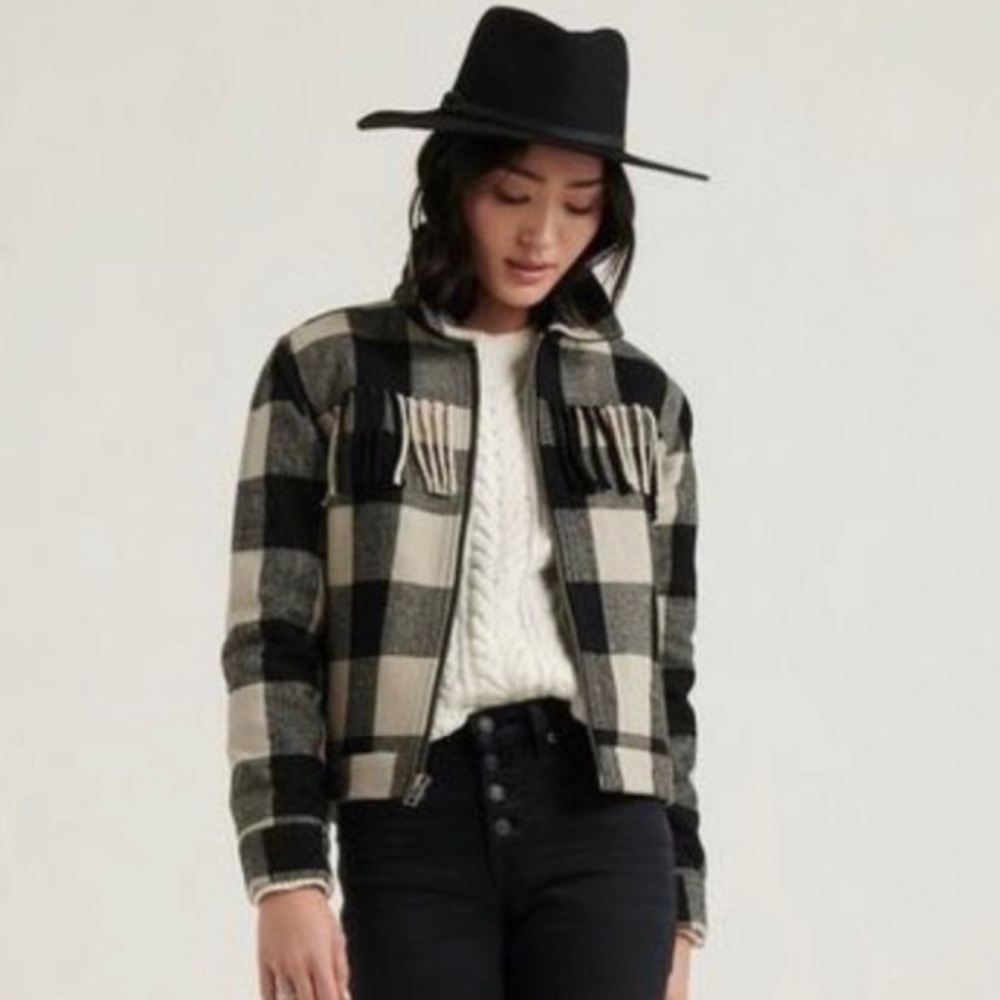 Lucky Brand Buffalo-Plaid Fringe Jacket